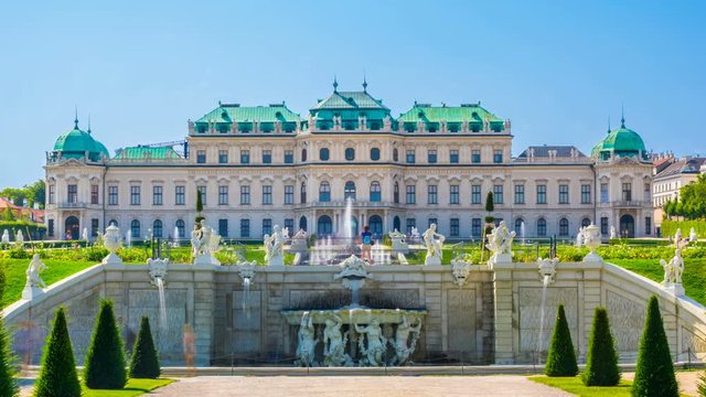 Vienna, Austria, Belvedere Museum complex on a sunny summer day. Time lapse. Zoom effect