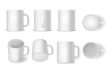 Realistic Detailed 3d White Blank Cup Template Mockup Set. Vector