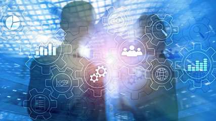 Business process abstract diagram with gears and icons. Workflow and automation technology concept.