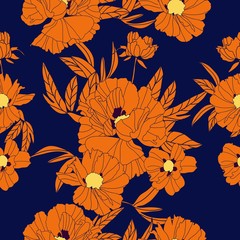 Floral seamless pattern with orangee peonies and leaves on blue background. Hand drawn illustration.