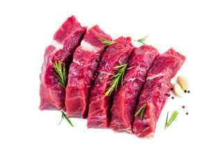 Raw meat, beef steak with seasoning on white background, top view