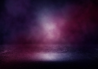 Background of an empty room with smoke and neon light. Dark purple abstract background