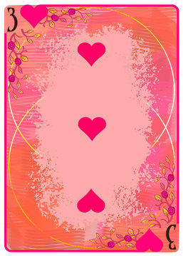 Three of Hearts playing card. Unique hand drawn pocker card. One of 52 cards in french card deck, English or Anglo-American pattern. Cartoon style digital art illustration. Clip art for web and print