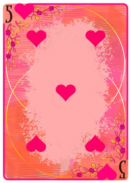 Five of Hearts playing card. Unique hand drawn pocker card. One of 52 cards in french card deck, English or Anglo-American pattern. Cartoon style digital art illustration. Clip art for web and print