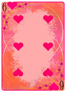 Six of Hearts playing card. Unique hand drawn pocker card. One of 52 cards in french card deck, English or Anglo-American pattern. Cartoon style digital art illustration. Clip art for web and print