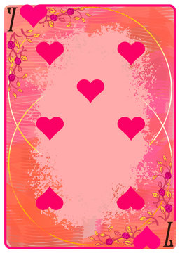 Seven of Hearts playing card. Unique hand drawn pocker card. One of 52 cards in french card deck, English or Anglo-American pattern. Cartoon style digital art illustration. Clip art for web and print