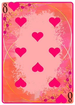 Eight of Hearts playing card. Unique hand drawn pocker card. One of 52 cards in french card deck, English or Anglo-American pattern. Cartoon style digital art illustration. Clip art for web and print