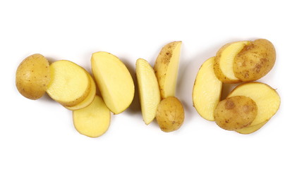 Naklejka na ściany i meble Fresh organic potato slices isolated on white background, top view