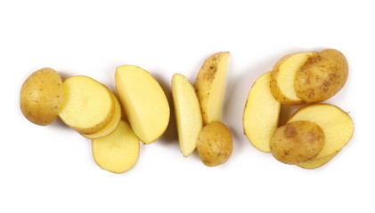 Fresh organic potato slices isolated on white background, top view