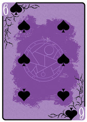 Six of Spades playing card. Unique hand drawn pocker card. One of 52 cards in french card deck, English or Anglo-American pattern. Cartoon style digital art illustration. Clip art for web and print