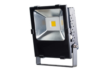 black searchlight with an economical LED lamp, for outdoor lighting, side view, white background, isolate