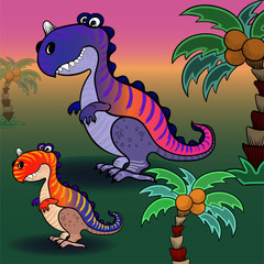 Naklejka premium Vector background image. Dinosaur and palm trees, cartoon character. Illustration for children. Use printed materials, signs, items, websites, maps, posters, postcards, 