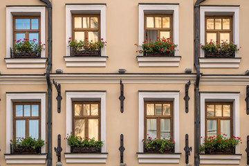 Fototapeta na wymiar Two rows of windows with flowers