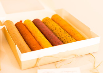 Food. Fruit pastille chips: orange and apple, gift box