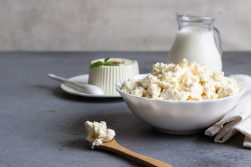 Organic ricotta cheese in white bowl.