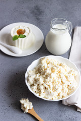 Organic ricotta cheese in white bowl.