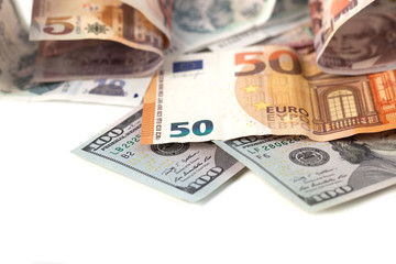 Fototapeta premium Pile of soft money: dollars and euros