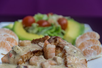 meat with shrimp and salad