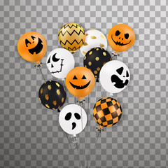 Happy Halloween. Flying bunch of shiny, holiday balloons isolated. Scary air balloon. Bunch of Halloween glitter confetti ghost balloons, funny faces. Party decorations for celebration, card.