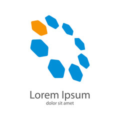 Logotipo abstracto con hexagonos en circulo con perspectiva naranja y azul