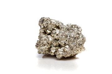 Macro mineral stone Pyrite gold on white background