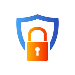 Logotipo candado sobre escudo en azul y naranja