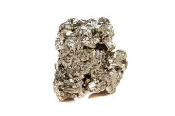 Macro mineral stone Pyrite gold on white background