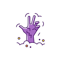 Fototapeta premium Hand of the zombie, Hand from the grave. Colorful flat Halloween icon. Thin line art design, Vector outline illustration