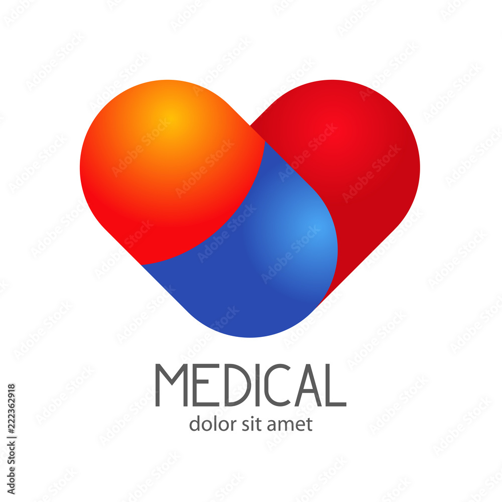 Sticker logotipo medical con corazon con pildora naranja y azul