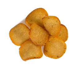 baked bread chips with dill and onions isolated on white