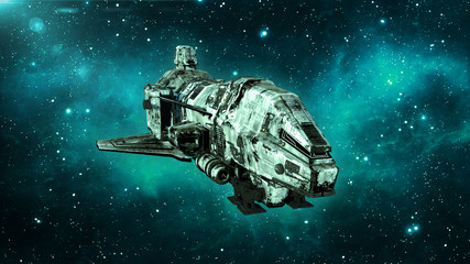 Old alien spaceship in deep space, dirty spacecraft flying in the Universe with stars in the background, UFO front view, 3D rendering © freestyle_images