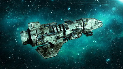 Old alien spaceship in deep space, dirty spacecraft flying in the Universe with stars in the background, UFO top view, 3D rendering © freestyle_images
