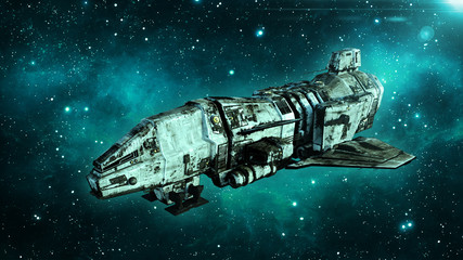 Old alien spaceship in deep space, dirty spacecraft flying in the Universe with stars in the background, UFO, 3D rendering © freestyle_images