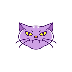 Cat witch icon, Angry cat. Colorful flat Halloween cat icon, Thin line art design, Vector outline illustration