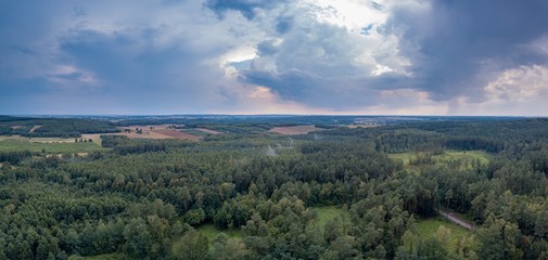 Fototapeta premium Flight over forest under cloudy sky. Drone photography