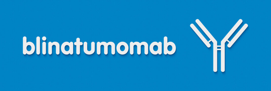 Blinatumomab bi-specific T-cell engager (BiTE) drug. Targets CD19 and CD3; indicated for the treatment of acute lymphoblastic leukemia (ALL). Generic name and stylized antibody representation.