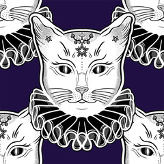 Black cat in a vintage collar seamless pattern.