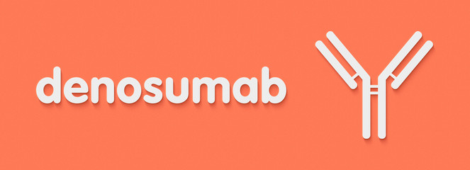 Denosumab monoclonal antibody drug. Targets RANKL, indications for use include osteoporosis and bone metastases. Generic name and stylized antibody representation.