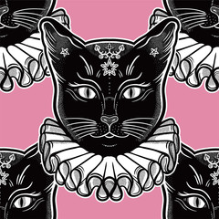 Black cat in a vintage collar seamless pattern.
