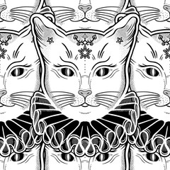 Black cat in a vintage collar seamless pattern.
