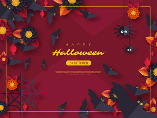 Halloween holiday background. Paper cut style flying bats, candy, flowers and spiders. Purple color background with greeting text. Vector illustration.