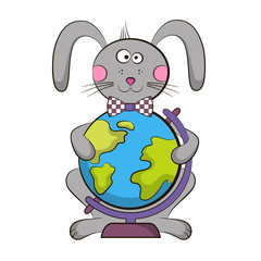 Funny bunny with globe. Bunny go to school.