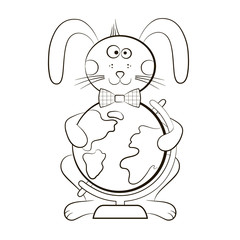 Funny bunny with globe. Bunny go to school.