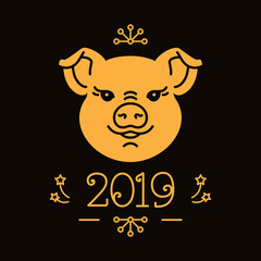 Fototapeta na wymiar Happy New Year and Christmas card, 2019 year of the pig. Cute golden pig, 2019 number. Elegant dark background, Vector illustration