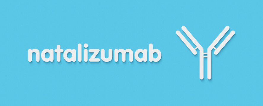 Natalizumab monoclonal antibody drug. Targets integrin a4 and is indicated for use in the treatment of multiple sclerosis and Crohn's disease. Generic name and stylized antibody representation.