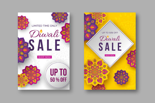 Sale poster or banner for festival of lights - Diwali. Paper cut style of Indian Rangoli. Yellow and white background. Vector illustration.