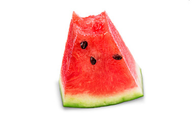 A bitten triangular piece of ripe watermelon