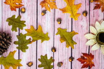 Unique fall scene background arrangement with sunflower, fall foilage leaves, acorns and pine cone over a pink wooden background