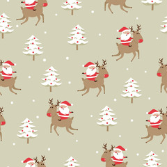 Seamless Christmas pattern with cute Santa Claus, deer and christmas tree. Wrapping paper design.