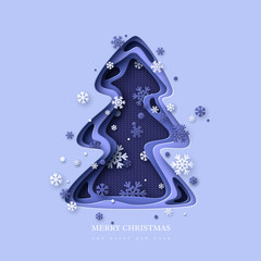 Christmas holiday design. Paper cut Christmas tree with snowflakes. 3d layered effect and knitted background in blue colors, vector illustration.